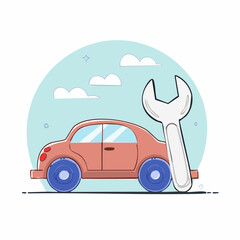 Officina riparazioni per automobili, chiave inglese accanto a un’auto 