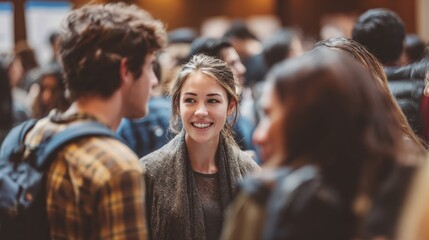 Students mingle and chat at a bustling university career fair, Students networking at a career fair
