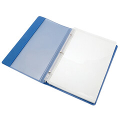 A blue binder with clear pockets for storing documents and papers.