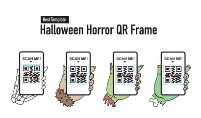 hand holding smartphone scanning qr code . halloween horror border frame template