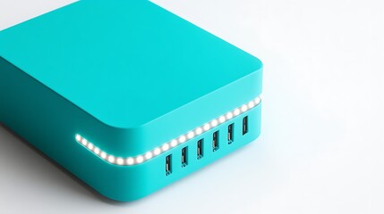 A turquoise charging station with multiple usb ports and led lights on white