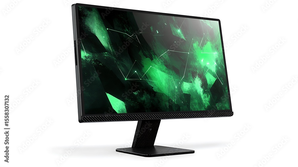 Fototapete angled view of a black computer monitor displaying a green abstract design