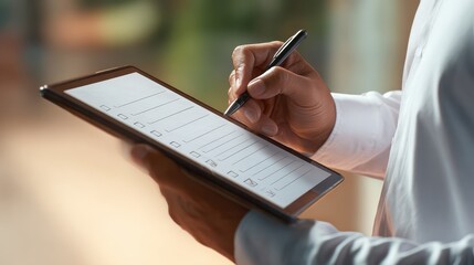 Office worker completing checklist on tablet