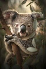 Naklejka premium vertical image adorable koala holding tightly onto tree limb, with peaceful eucalyptus background