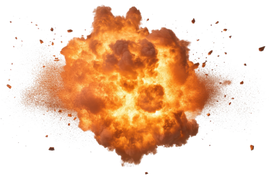 High-energy fire bomb explosion with intense flames and debris scattering in multiple directions during a vibrant burst of high explosive activity