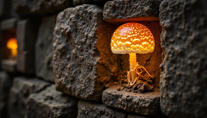 Glowing mushroom emerging from stone wall at dusk  