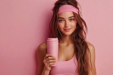 Young sporty girl holding protein shake isolated on background, Generative AI