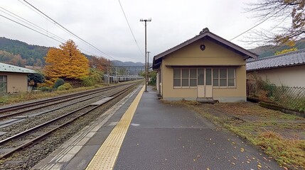 A quaint, single-story train station building stands on a platform beside railway tracks, nestled amidst autumnal foliage and rolling hills under a grey sky