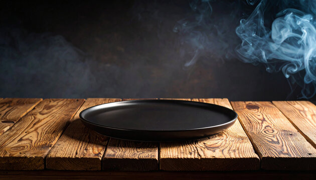 Empty space with empty round plates on a rough wooden table against a black background.