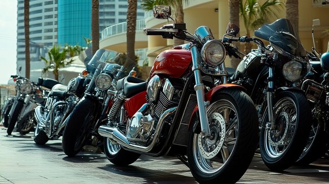 A row of gleaming motorcycles parked outdoors, near palm trees and a modern building, basking in bright sunlight