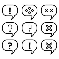 Nine Simple Bold Black Speech Bubbles:  Question, Exclamation, and X Icons.
