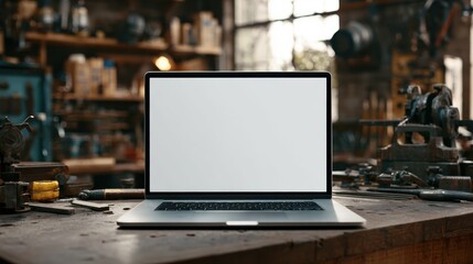 Close-up view of a modern laptop mockup on a workbench inside a workshop featuring industrial tools and equipment