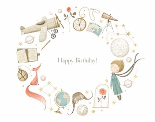 Oval frame. Little prince greeting card. 
