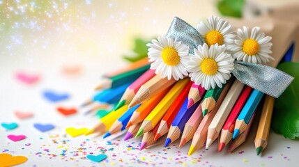 Colorful pencil bouquet with daisies and ribbon on paper background with confetti and heart shapes