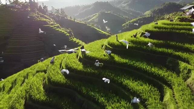 Aerial drone shot of lush green terraced rice fields in a rural hilly landscape with farmers working.


