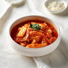 Spicy Kimchi Stew with Pork
A hearty bowl of Korean kimchi stew (kimchi jjigae) filled with fermented kimchi, pork, and tofu in a rich and spicy red broth. Perfectly served in a white ceramic bowl, th