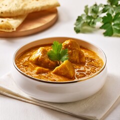 Creamy Chicken Curry with Naan Bread – A side-angle shot of tender chicken pieces simmered in a rich, velvety curry sauce, served in a white porcelain bowl with warm naan flatbread and topped with a f