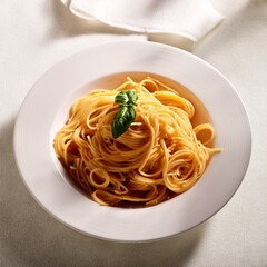 Elegant Spaghetti Marinara in White Porcelain Bowl – A top-down view of al dente spaghetti tossed in a light tomato sauce and garnished with a fresh basil leaf, set against a textured cream backdrop, 