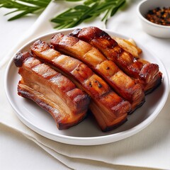 Grilled Pork Belly with Crispy Skin and Broccoli on White Plate - Juicy grilled pork belly with golden crispy skin served with steamed broccoli and spicy seasoning sauce on a clean white plate.
