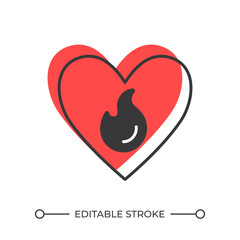 Heart flame offset shadow line icon. Romantic sign, decoration. Love, valentine. Emotion, support. Bold outline symbol with solid red fill. Modern flat illustration. Editable stroke