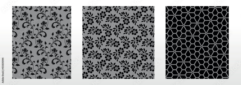 Poster Geometric floral set of seamless patterns. Gray and black vector backgrounds. Damask graphic ornaments