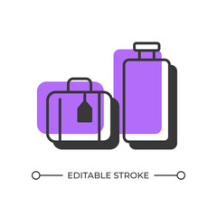 Luggage tourism offset shadow line icon. Personal baggage. Vacation trip. Travel bags, transportation. Bold outline symbol with solid purple fill. Modern flat illustration. Editable stroke