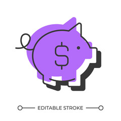 Saving pig offset shadow line icon. Coin bank, collecting. Money management. Budgeting, finance. Bold outline symbol with solid purple fill. Modern flat illustration. Editable stroke