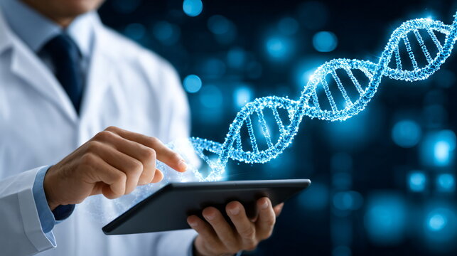 Male scientist doctor holding digital tablet with glowing DNA structure. Concept of gene editing, medical research, genetic engineering data visualization.