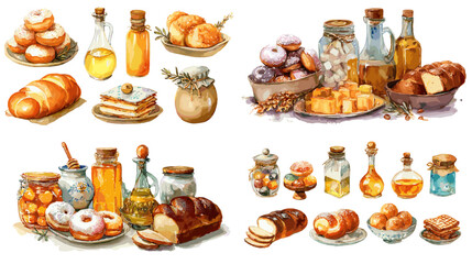 Delicious set of traditional food ingredients like bread, honey, oil, and preserves in watercolor. Great for culinary themes, packaging, and kitchen decor.

