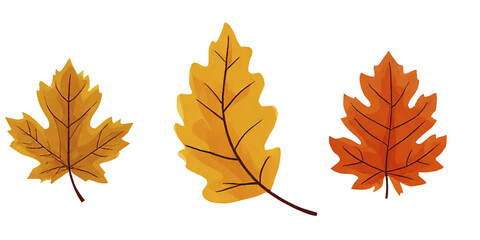 Autumn yellow and red leaves. Watercolor illustration. The leaves of the trees are of different shapes, the set is isolated on a white background. Autumn, leaf fall