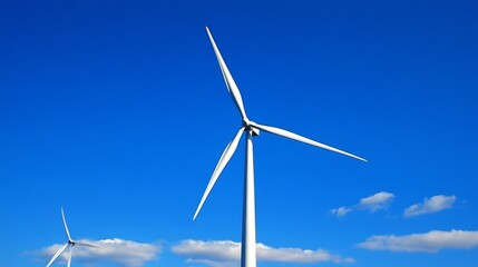 Fototapeta premium A three-bladed wind turbine against a vivid blue sky, with a hint of clouds and another turbine in the distance, showcasing clean energy generation