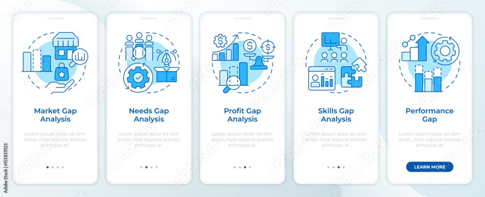 Wall mural types of gap analysis blue onboarding mobile app screen. data research. walkthrough 5 steps editable