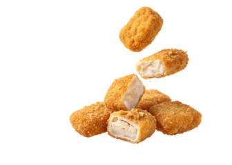 A cluster of crispy golden-brown breaded fish nuggets exploding mid-air against a stark isolated on white and transparent background 