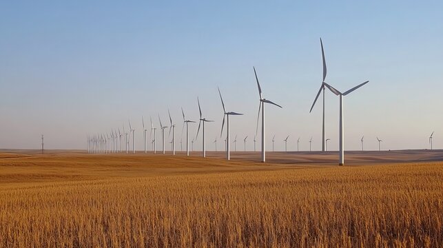 A vast golden field stretches to the horizon, dotted with a line of tall wind turbines under a clear sky - Powered by Adobe