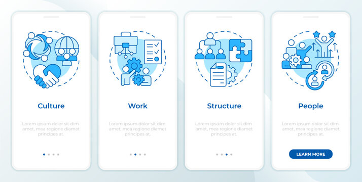 Nadler Tushman congruence framework blue onboarding mobile app screen. Walkthrough 4 steps editable graphic instructions with linear concepts. UI, UX, GUI. Montserrat SemiBold, Regular fonts used