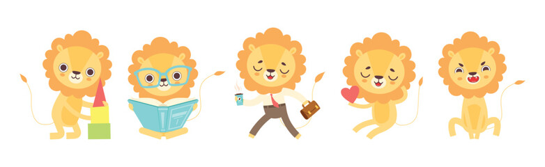 Cute Lion Character with Mane Engaged in Different Activity Vector Set