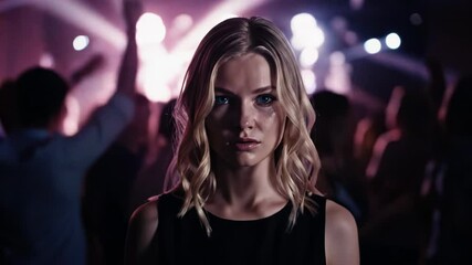 A sad, beautiful blonde woman stands still in a crowded nightclub, looking lonely and emotional amidst the dancing crowd and vibrant lights.