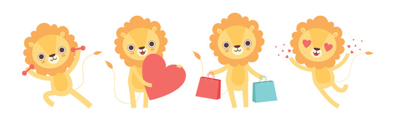 Cute Lion Character with Mane Engaged in Different Activity Vector Set