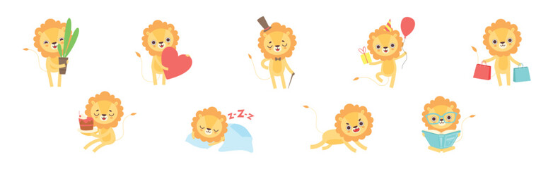 Cute Lion Character with Mane Engaged in Different Activity Vector Set