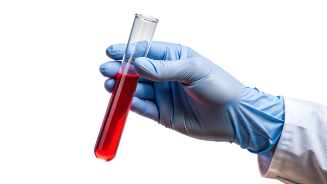 A gloved hand holds a test tube with a red liquid sample, isolated on transparent background