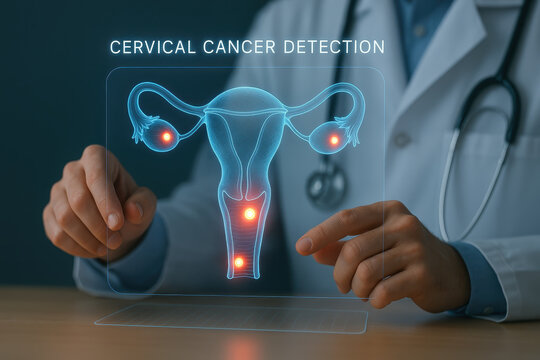 Cervical cancer detection concept with doctor pointing at digital hologram of female reproductive system highlighting cancer areas in uterus and ovaries for medical diagnosis