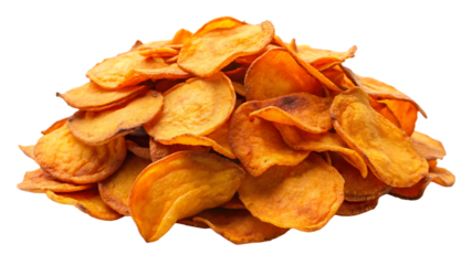 A pile of sweet potato chips isolated on transparent background
