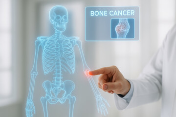 Bone cancer concept with human skeleton and highlighted arm bone showing cancer area with medical professional pointing at it for diagnosis and treatment