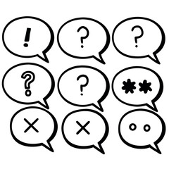 Hand-drawn speech bubble icons: questions, answers, and errors.