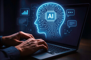 Glowing Artificial Intelligence Brain Interface on Laptop Screen head technology