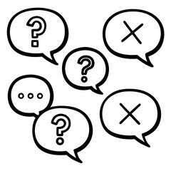 Hand-drawn speech bubbles: questions, answers, and rejection symbols.