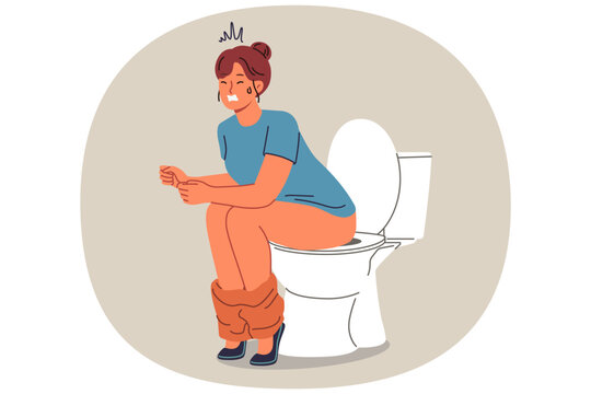 Woman poops sitting on toilet and suffers from constipation caused by indigestion or stomach problems. Girl pushing on toilet in WC, needing medicinal laxatives to normalize health