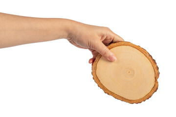 Wooden coaster for drinking water or props for taking photos in hand with a transparent background