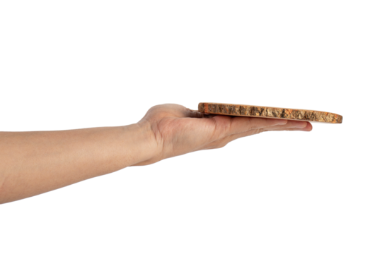 Wooden coaster for drinking water or props for taking photos in hand with a transparent background - Powered by Adobe