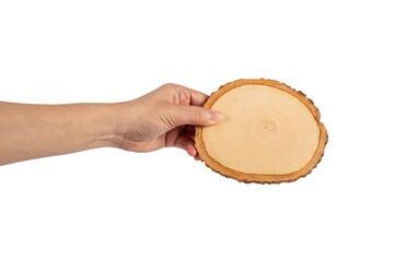 Wooden coaster for drinking water or props for taking photos in hand with a transparent background